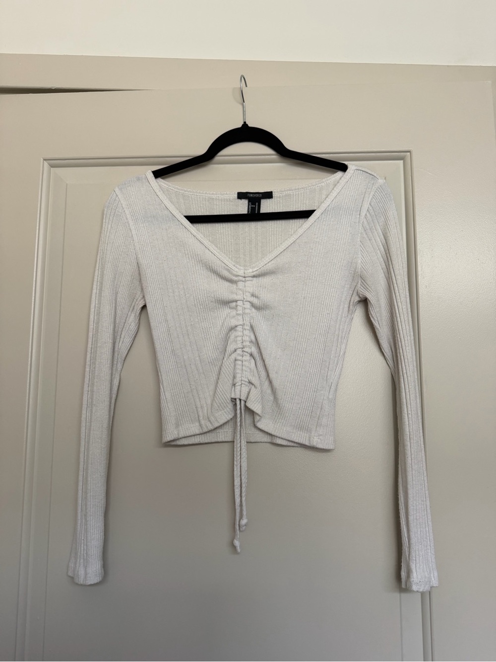 Forever 21 Cream Ribbed V-Neck Long Sleeve Drawstring Crop Top